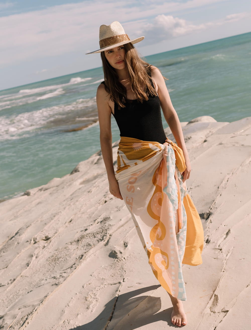 Paréo De Bain En Coton 82x160 Cm Lagune Brique, Par Soleil D'ocre