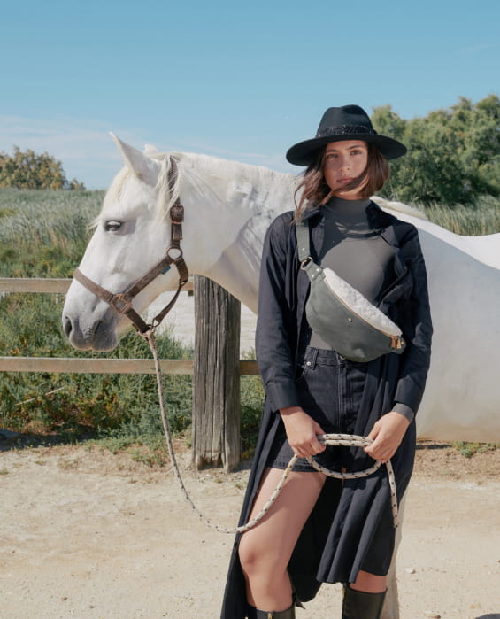 sac banane en sherpa et kaki pour femme