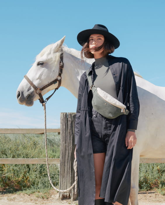 women's sherpa and khaki fanny pack