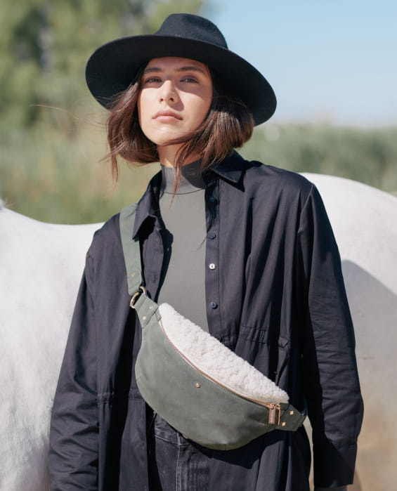 women's sherpa and khaki fanny pack