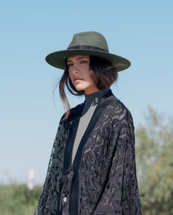 women's khaki felt hat with black beads