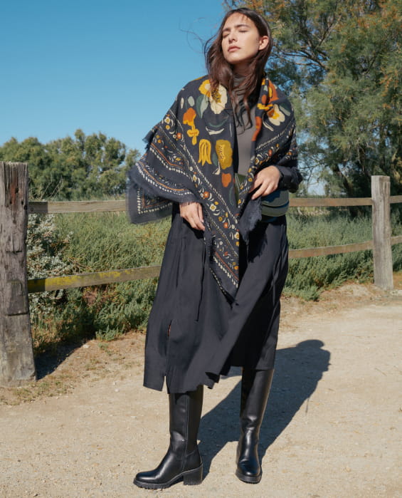 black wool scarf with colorful flowers for women