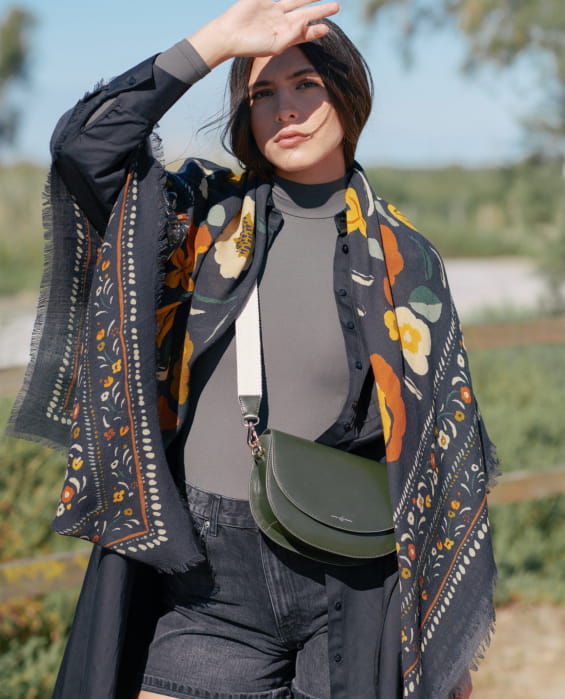 black wool scarf with colorful flowers for women