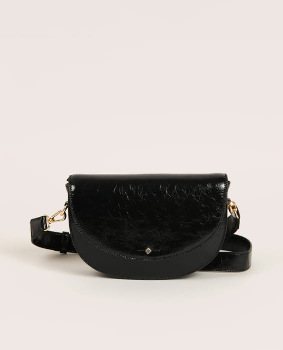 sac bandoulière en cuir recyclé verni noir pour femme