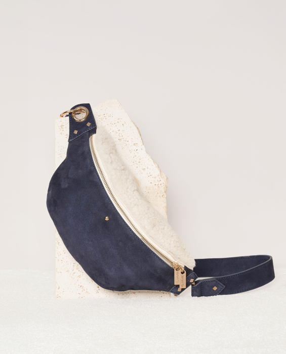 women's sherpa and navy blue fanny pack
