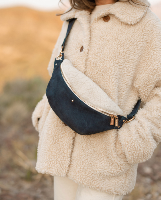 women's sherpa and navy blue fanny pack