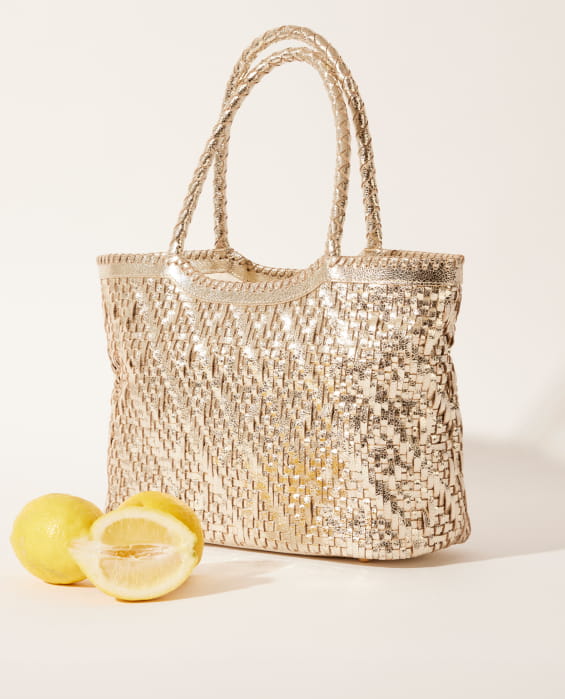 golden woven leather tote bag for women