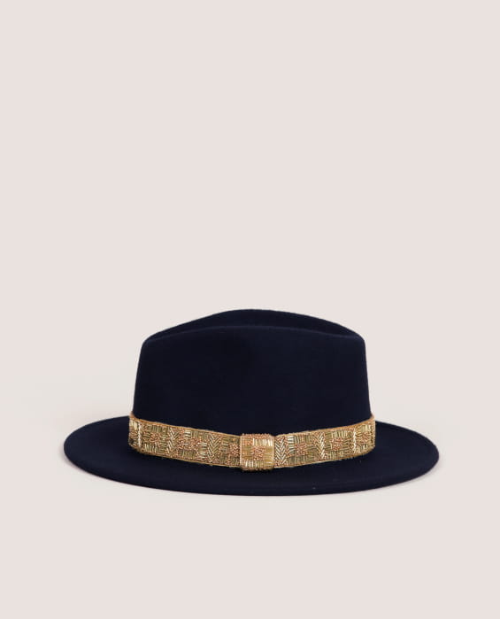 women's navy blue felt hat with gold beads
