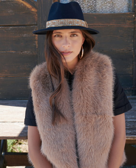 women's navy blue felt hat with gold beads