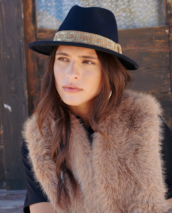 women's navy blue felt hat with gold beads