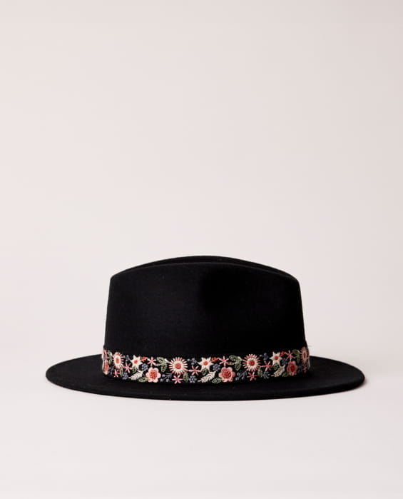 black felt hat with floral braid for women