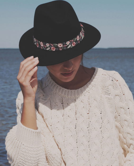 black felt hat with floral braid for women