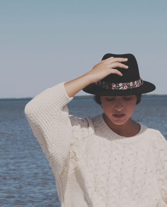 black felt hat with floral braid for women
