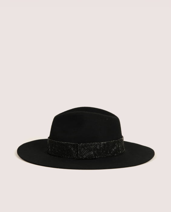 women's black felt hat with black beads