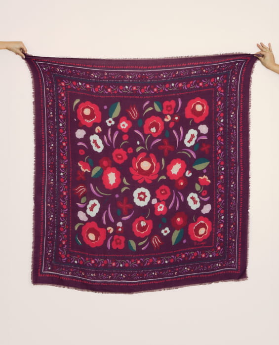 purple wool scarf with colorful flowers for women