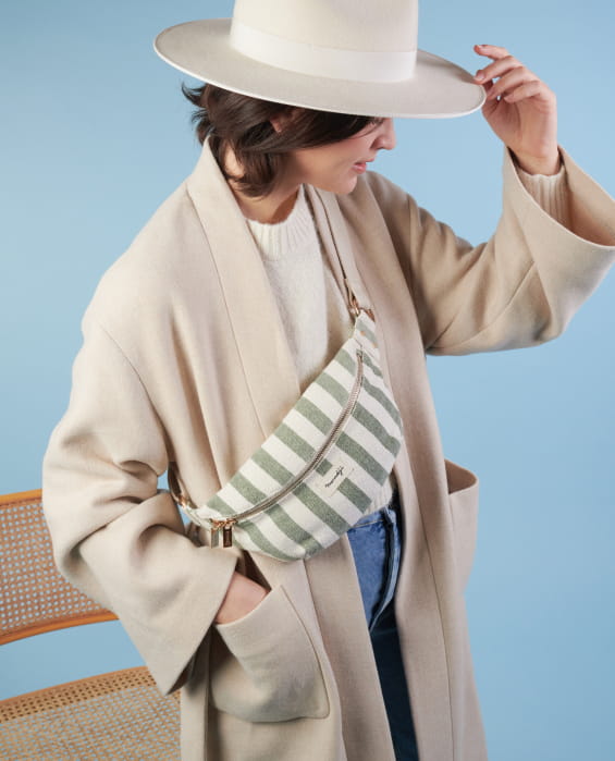 white and green striped cotton fanny pack