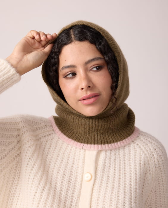 khaki and pink baby alpaca wool balaclava for women