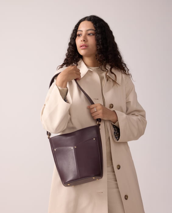 purple leather bucket bag for women