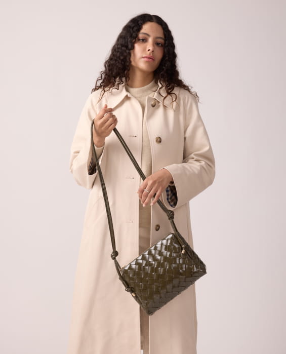 sac tressé en cuir kaki pour femme