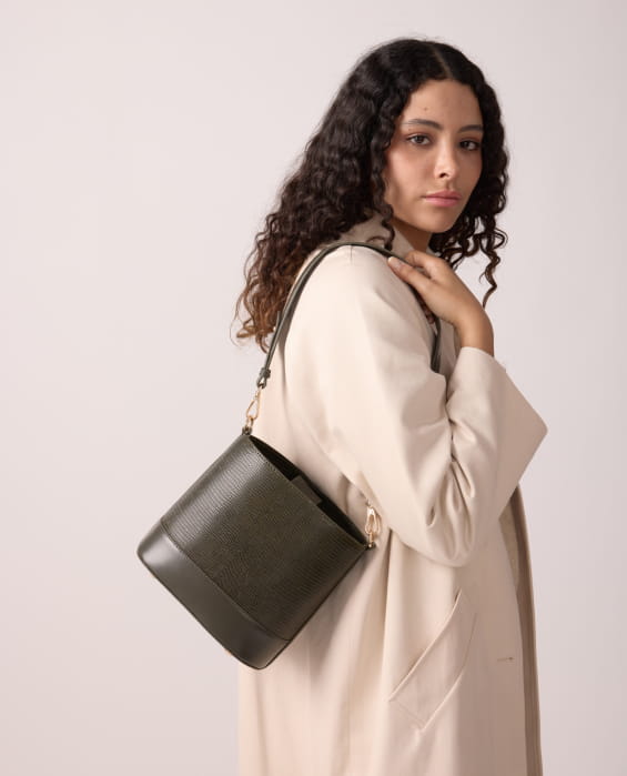 small khaki leather shoulder bag for women