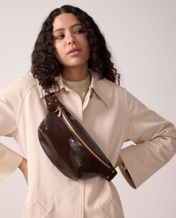 brown patent leather belt bag for women