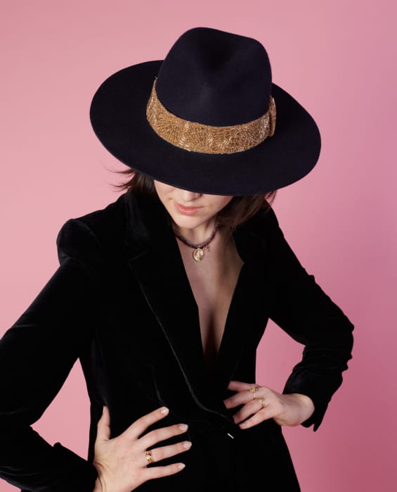 women's black felt hat with gold braid