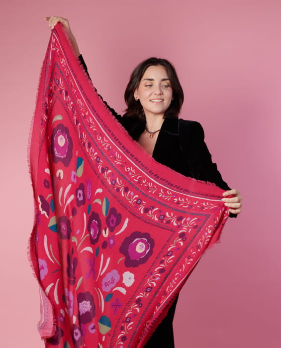 fuchsia wool scarf with colorful flowers for women