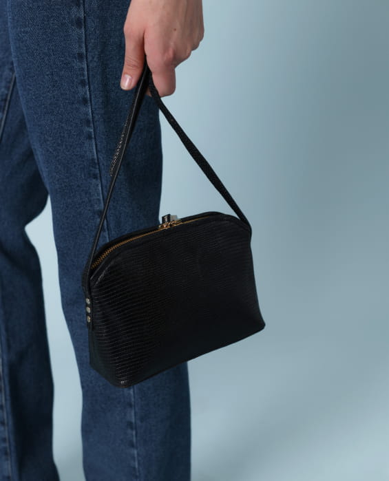 women's black embossed leather shoulder bag