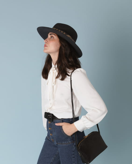 sac bandoulière en cuir embossé noir pour femme