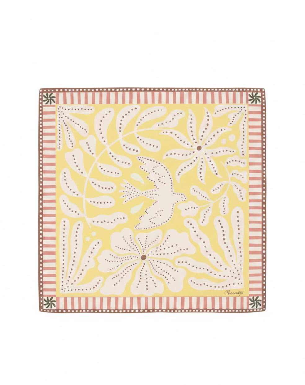 Foulard Carré En Soie Claude Boissy - Motif Glands Et Branches, Blanc Et Camel, Occasion